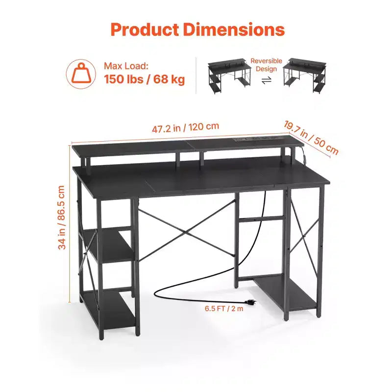 47" Gaming Desk with LED Lights & Power Outlets, Monitor Stand & 2-Tier Storage Shelf, Black