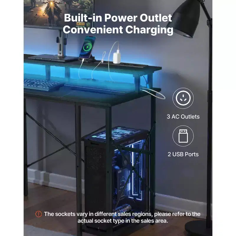 47" Gaming Desk with LED Lights & Power Outlets, Monitor Stand & 2-Tier Storage Shelf, Black