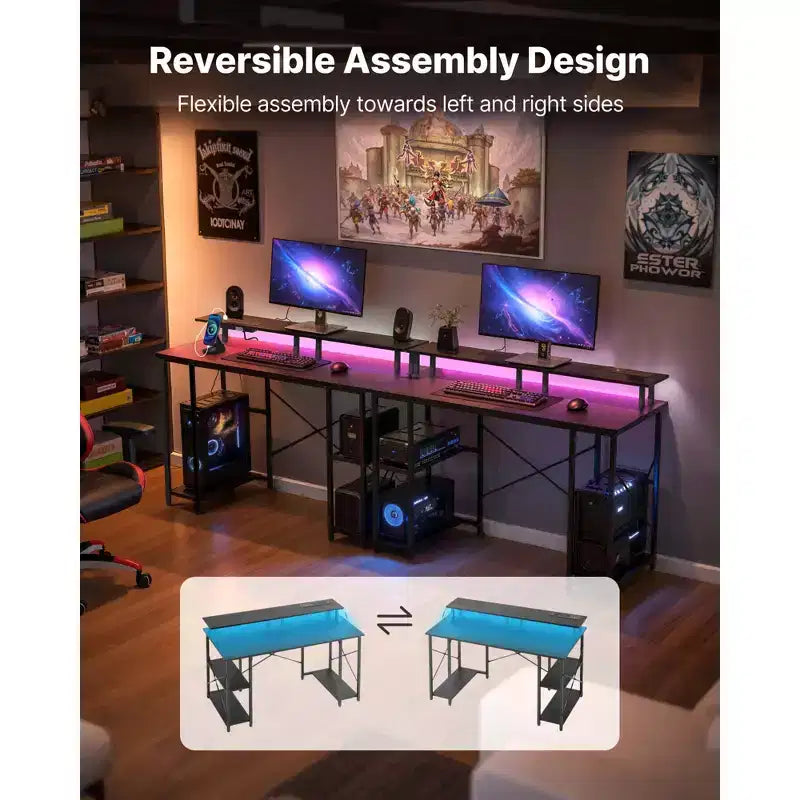 47" Gaming Desk with LED Lights & Power Outlets, Monitor Stand & 2-Tier Storage Shelf, Black