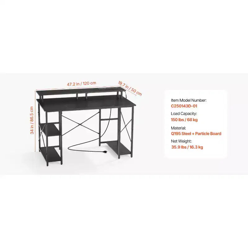 47" Gaming Desk with LED Lights & Power Outlets, Monitor Stand & 2-Tier Storage Shelf, Black