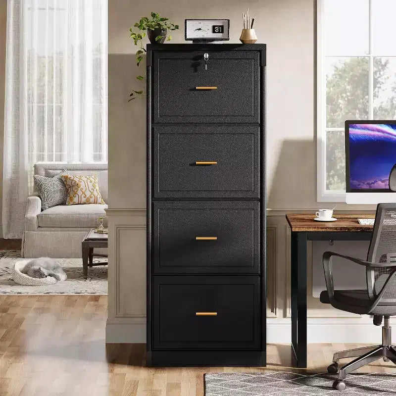 Lantine 4-Drawer File Cabinet with Lock and Key, Tall Wooden Vertical Filing Cabinet for Legal/Letter/A4 Files, Home Office Storage, Black