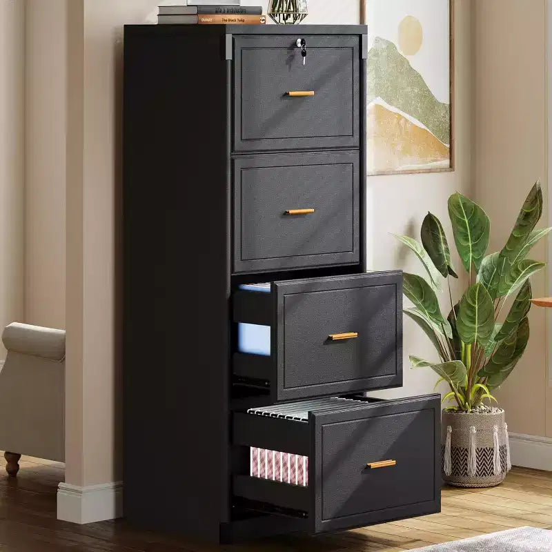 4-Drawer File Cabinet with Lock and Key, Tall Wooden Vertical Filing Cabinet for Legal/Letter/A4 Files, Home Office Storage, Black