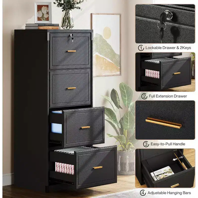 4-Drawer File Cabinet with Lock and Key, Tall Wooden Vertical Filing Cabinet for Legal/Letter/A4 Files, Home Office Storage, Black