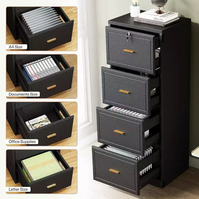 4-Drawer File Cabinet with Lock and Key, Tall Wooden Vertical Filing Cabinet for Legal/Letter/A4 Files, Home Office Storage, Black