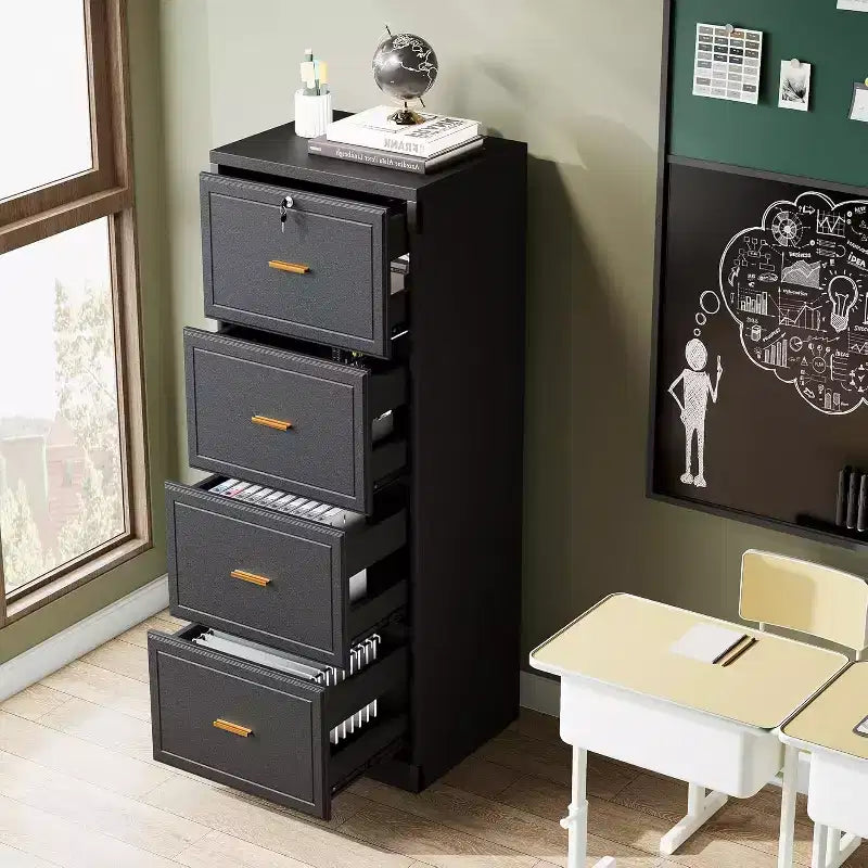 4-Drawer File Cabinet with Lock and Key, Tall Wooden Vertical Filing Cabinet for Legal/Letter/A4 Files, Home Office Storage, Black