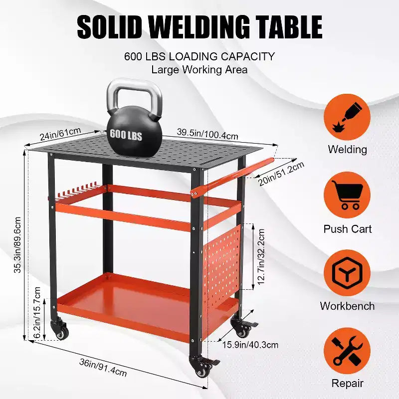 Heavy-Duty Welding Table Cart with Wheels, 36 x 24 Steel Workbench Top, 1200 lb Portable Welding Work Table with Fixture Holes