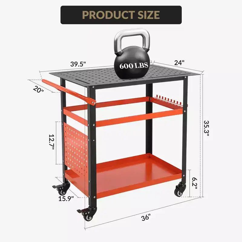 Heavy-Duty Welding Table Cart with Wheels, 36 x 24 Steel Workbench Top, 1200 lb Portable Welding Work Table with Fixture Holes