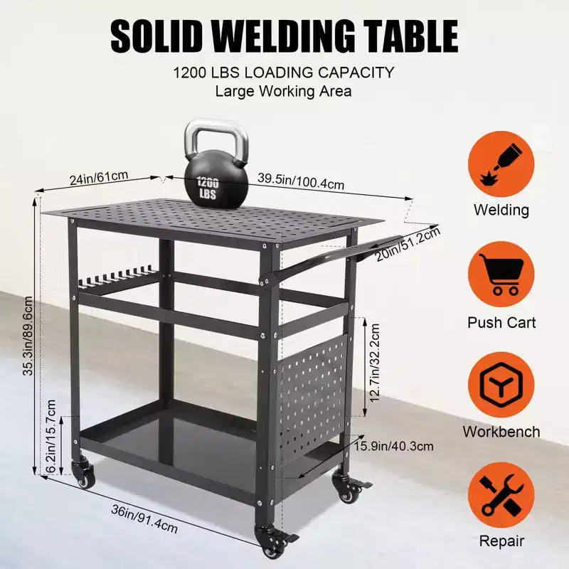 Heavy-Duty Welding Table Cart with Wheels, 36 x 24 Steel Workbench Top, 1200 lb Portable Welding Work Table with Fixture Holes