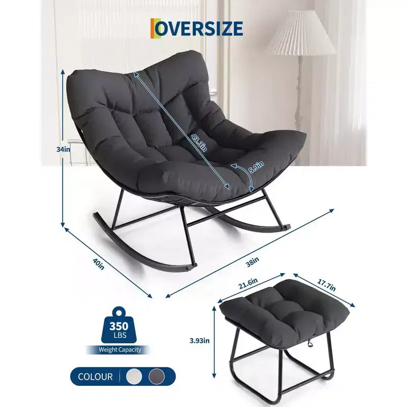 Oversized Outdoor Lounge Chair with Footrest, Metal Papasan Rocking Egg Chair for Patio Balcony