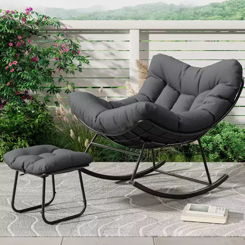 Oversized Outdoor Lounge Chair with Footrest, Metal Papasan Rocking Egg Chair for Patio Balcony