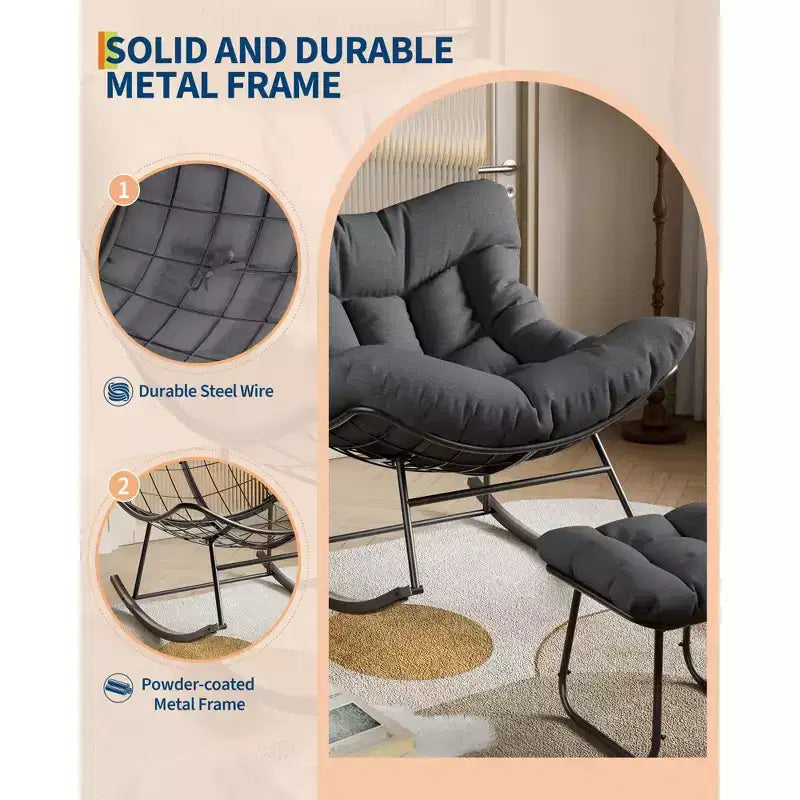 Oversized Outdoor Lounge Chair with Footrest, Metal Papasan Rocking Egg Chair for Patio Balcony