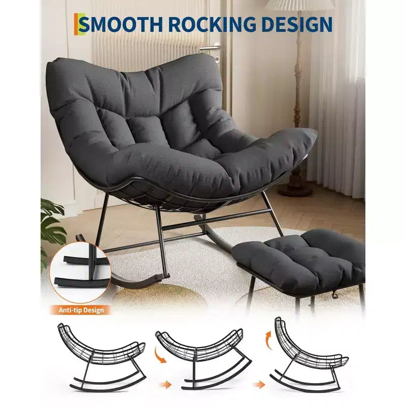 Oversized Outdoor Lounge Chair with Footrest, Metal Papasan Rocking Egg Chair for Patio Balcony