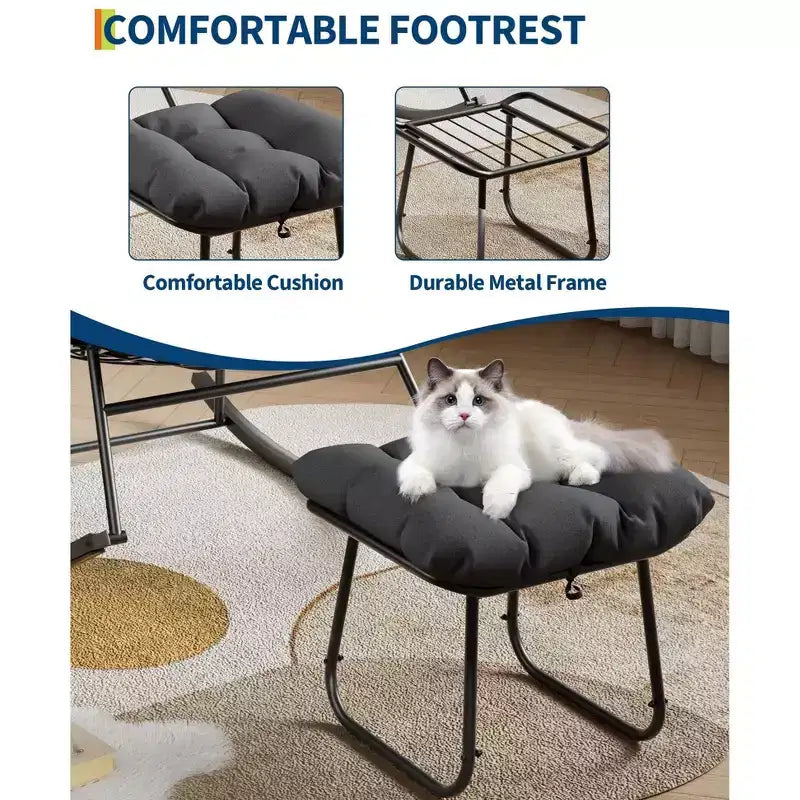 Oversized Outdoor Lounge Chair with Footrest, Metal Papasan Rocking Egg Chair for Patio Balcony