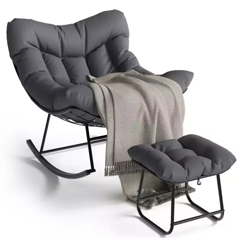 Oversized Outdoor Lounge Chair with Footrest, Metal Papasan Rocking Egg Chair for Patio Balcony
