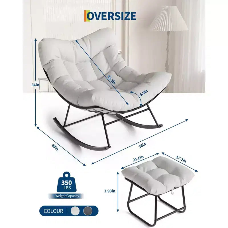 Oversized Outdoor Lounge Chair with Footrest, Metal Papasan Rocking Egg Chair for Patio Balcony