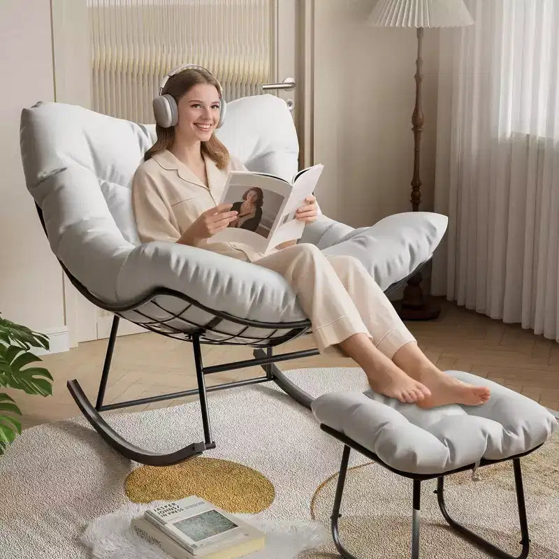 Oversized Outdoor Lounge Chair with Footrest, Metal Papasan Rocking Egg Chair for Patio Balcony
