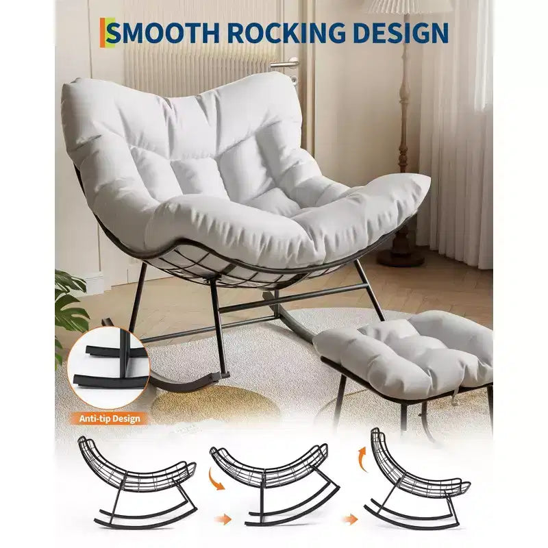 Oversized Outdoor Lounge Chair with Footrest, Metal Papasan Rocking Egg Chair for Patio Balcony