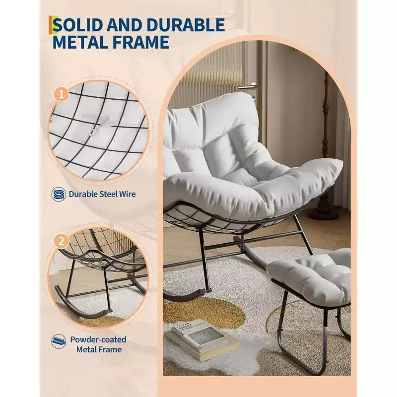 Oversized Outdoor Lounge Chair with Footrest, Metal Papasan Rocking Egg Chair for Patio Balcony