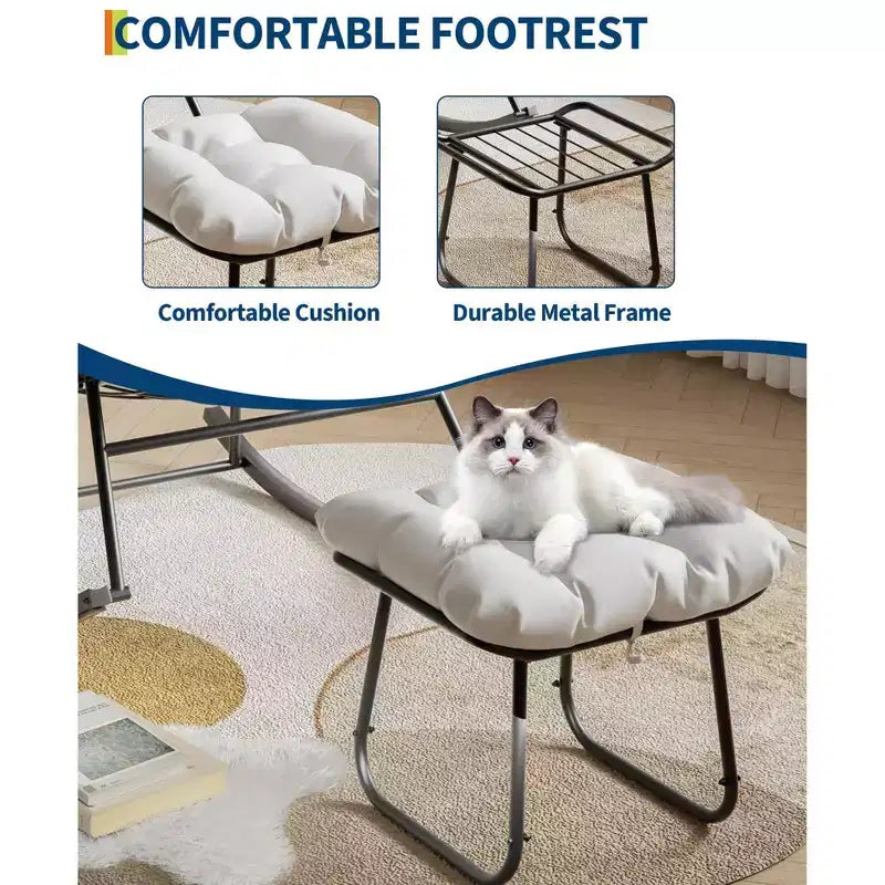 Oversized Outdoor Lounge Chair with Footrest, Metal Papasan Rocking Egg Chair for Patio Balcony