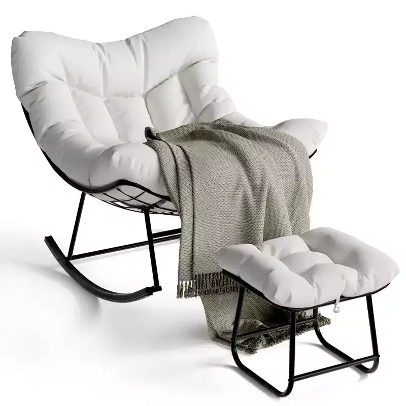 Oversized Outdoor Lounge Chair with Footrest, Metal Papasan Rocking Egg Chair for Patio Balcony