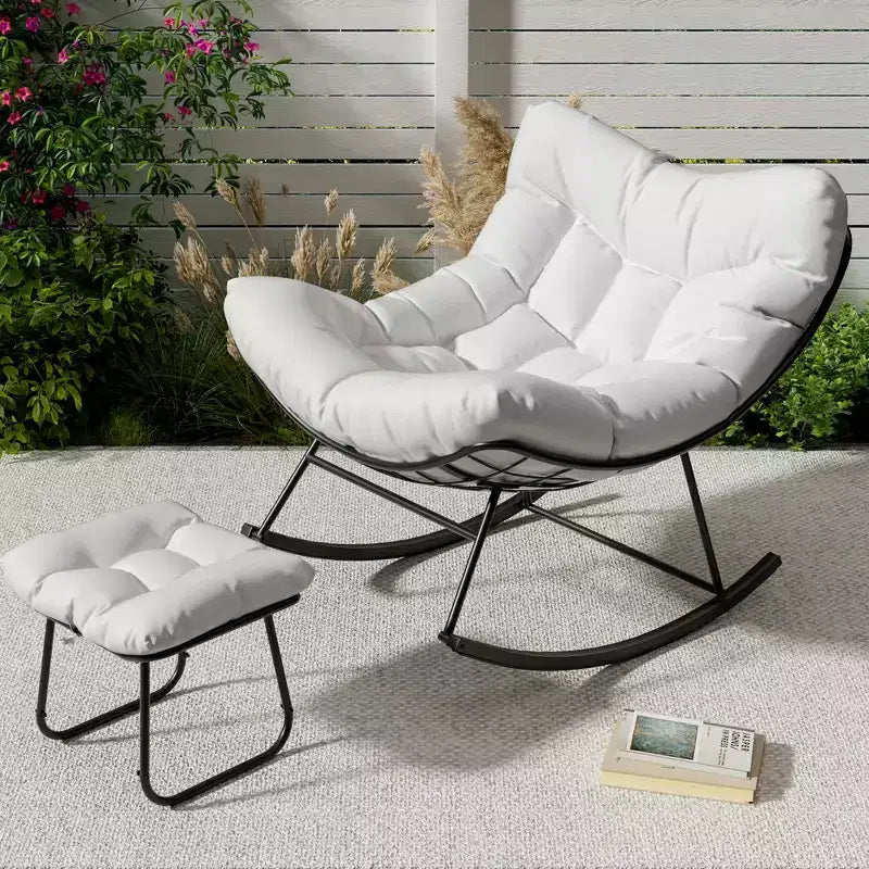 COZONY 40 Oversized Outdoor Lounge Chair with Footrest, Metal Papasan Rocking Egg Chair for Patio Balcony