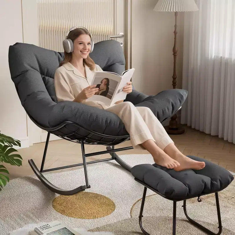 Oversized Outdoor Lounge Chair with Footrest, Metal Papasan Rocking Egg Chair for Patio Balcony