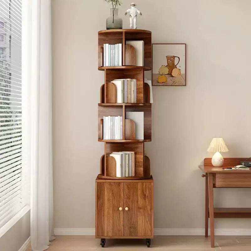 Rotating Bookshelf, 360° 5-Tier Corner Bookcase with Drawer, Floor Standing Wood Narrow Storage Rack
