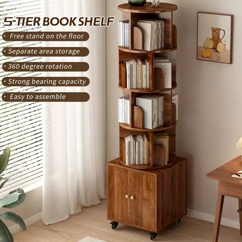 Rotating Bookshelf, 360° 5-Tier Corner Bookcase with Drawer, Floor Standing Wood Narrow Storage Rack