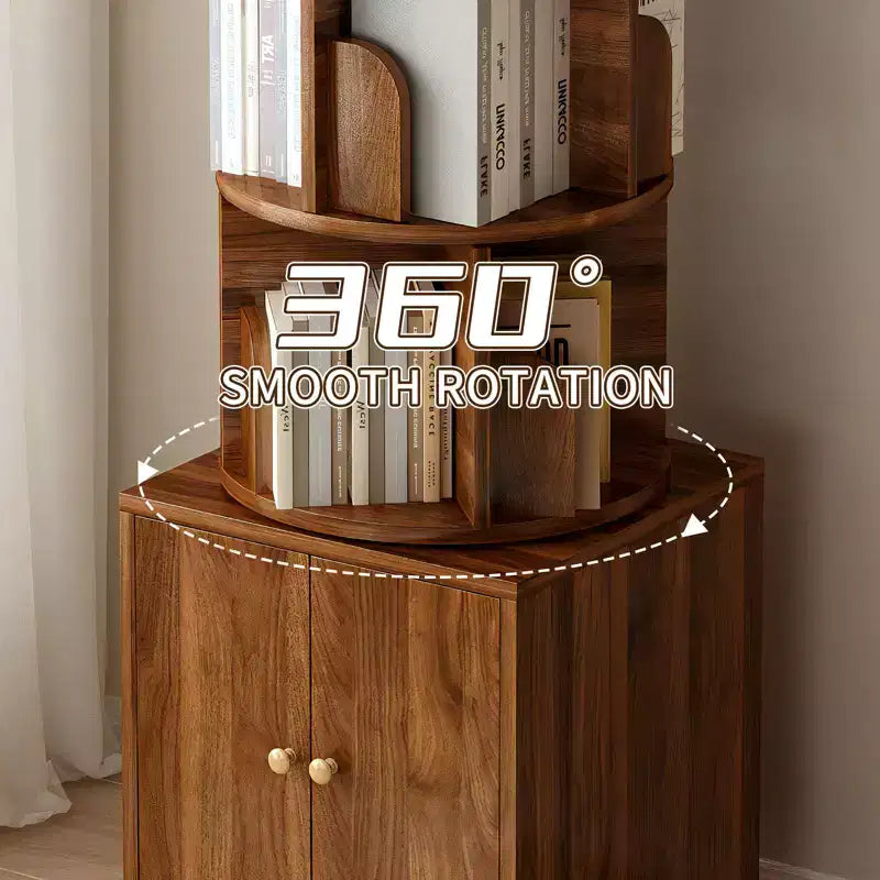 Rotating Bookshelf, 360° 5-Tier Corner Bookcase with Drawer, Floor Standing Wood Narrow Storage Rack