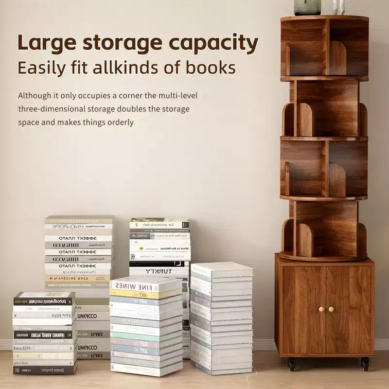 Rotating Bookshelf, 360° 5-Tier Corner Bookcase with Drawer, Floor Standing Wood Narrow Storage Rack