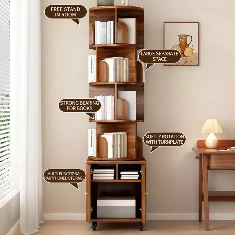 Rotating Bookshelf, 360° 5-Tier Corner Bookcase with Drawer, Floor Standing Wood Narrow Storage Rack