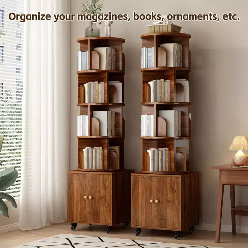 Rotating Bookshelf, 360° 5-Tier Corner Bookcase with Drawer, Floor Standing Wood Narrow Storage Rack