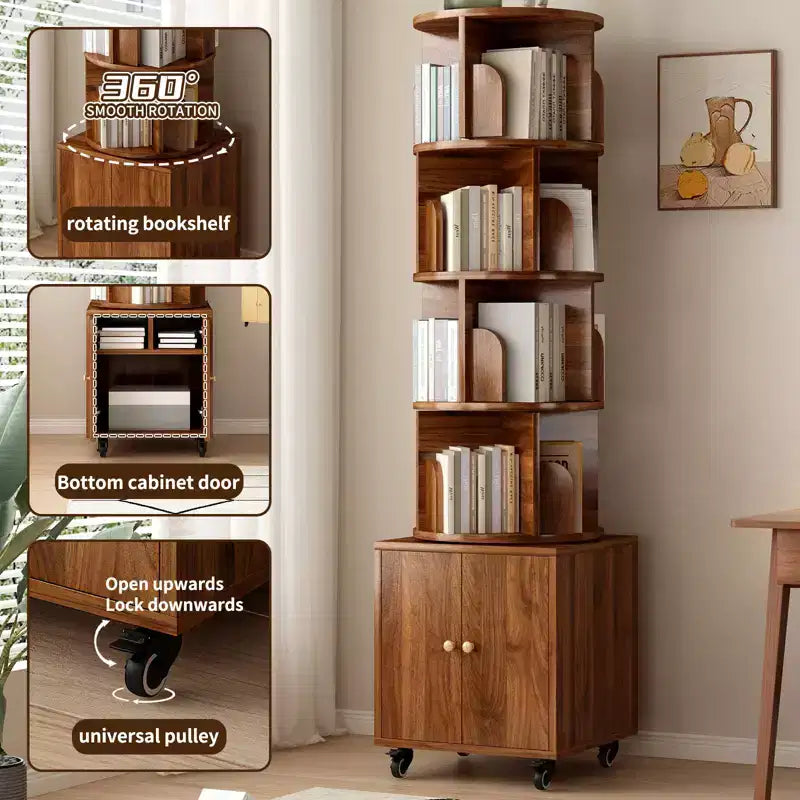 Rotating Bookshelf, 360° 5-Tier Corner Bookcase with Drawer, Floor Standing Wood Narrow Storage Rack