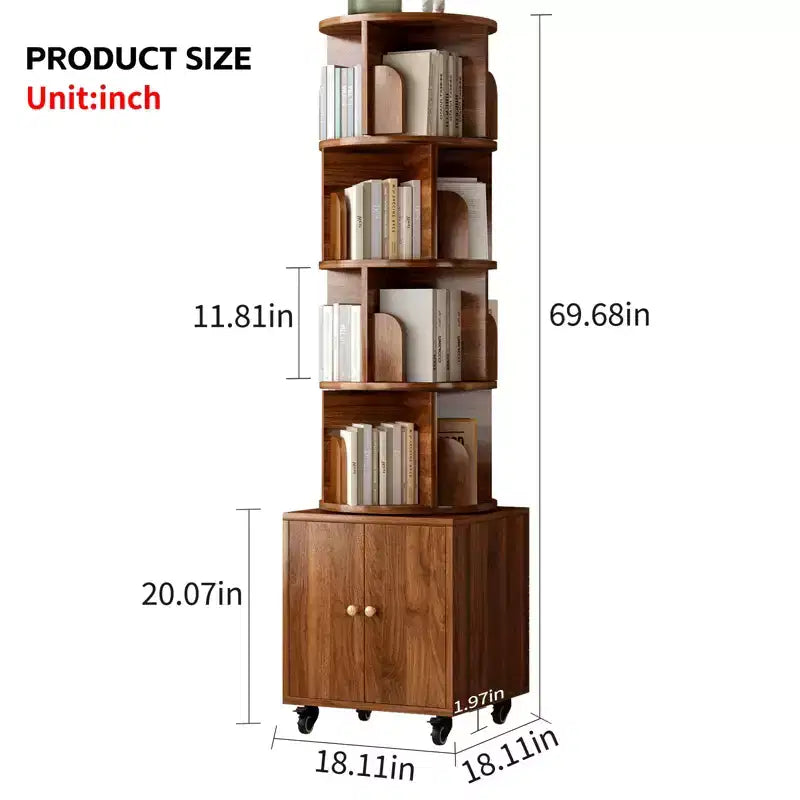 Rotating Bookshelf, 360° 5-Tier Corner Bookcase with Drawer, Floor Standing Wood Narrow Storage Rack