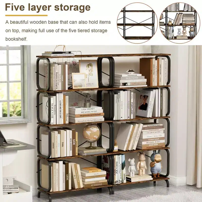 Rotating Bookshelf, 360° 5-Tier Corner Bookcase with Drawer, Floor Standing Wood Narrow Storage Rack
