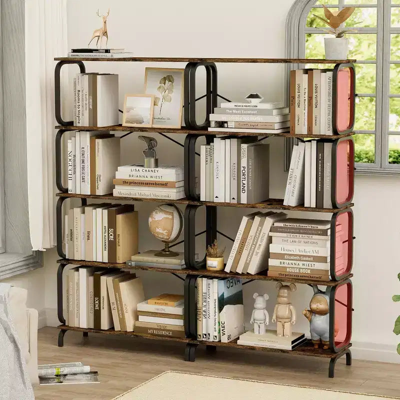Rotating Bookshelf, 360° 5-Tier Corner Bookcase with Drawer, Floor Standing Wood Narrow Storage Rack