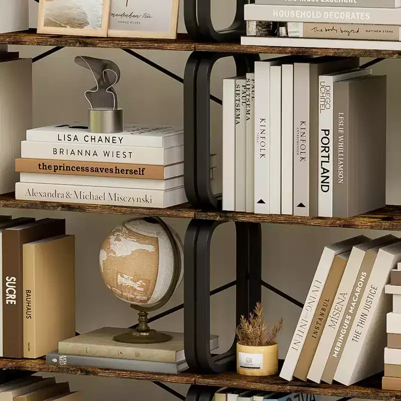 Rotating Bookshelf, 360° 5-Tier Corner Bookcase with Drawer, Floor Standing Wood Narrow Storage Rack