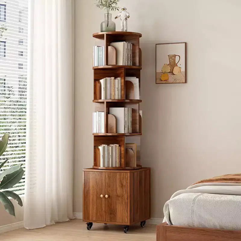 Rotating Bookshelf, 360° 5-Tier Corner Bookcase with Drawer, Floor Standing Wood Narrow Storage Rack