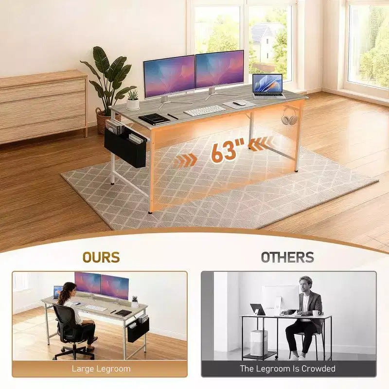 63" Computer Desk for Home Office with Storage, Side Hooks & Adjustable Feet
