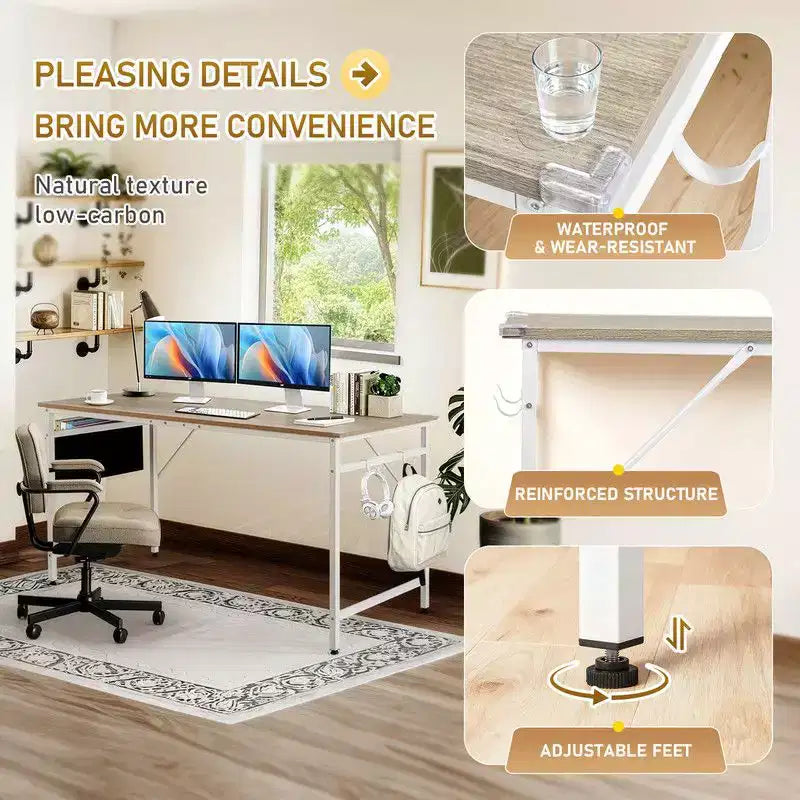 63" Computer Desk for Home Office with Storage, Side Hooks & Adjustable Feet