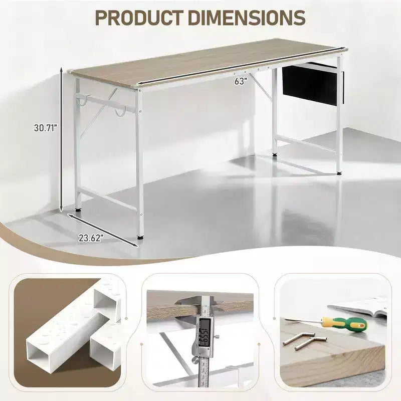 63" Computer Desk for Home Office with Storage, Side Hooks & Adjustable Feet