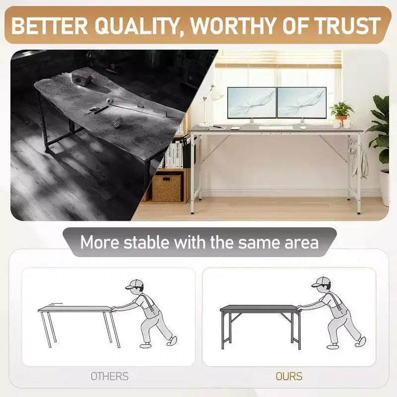 63" Computer Desk for Home Office with Storage, Side Hooks & Adjustable Feet