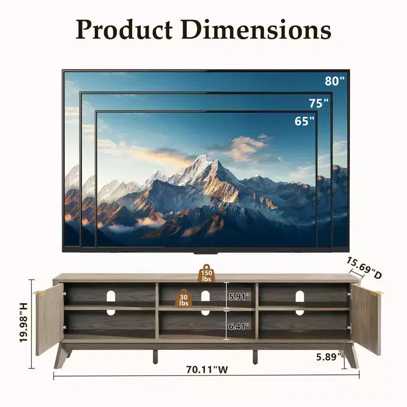 70" TV Stand Entertainment Center for TVs Up to 80", Wood Media Console with Open Storage & Side Cabinets