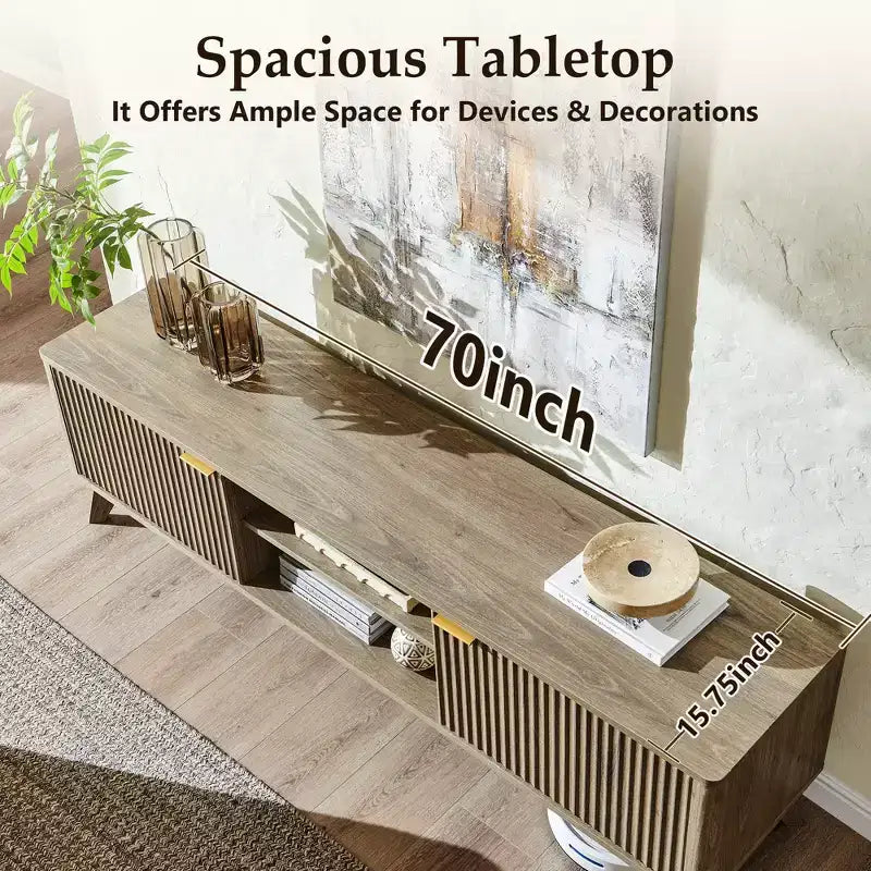 70" TV Stand Entertainment Center for TVs Up to 80", Wood Media Console with Open Storage & Side Cabinets