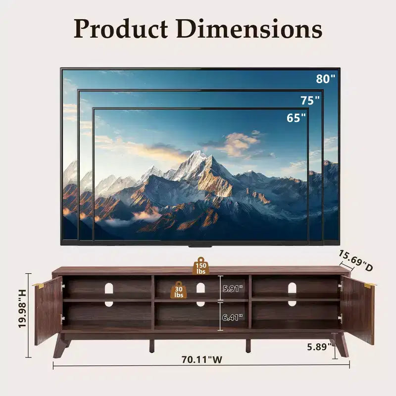 70" TV Stand Entertainment Center for TVs Up to 80", Wood Media Console with Open Storage & Side Cabinets