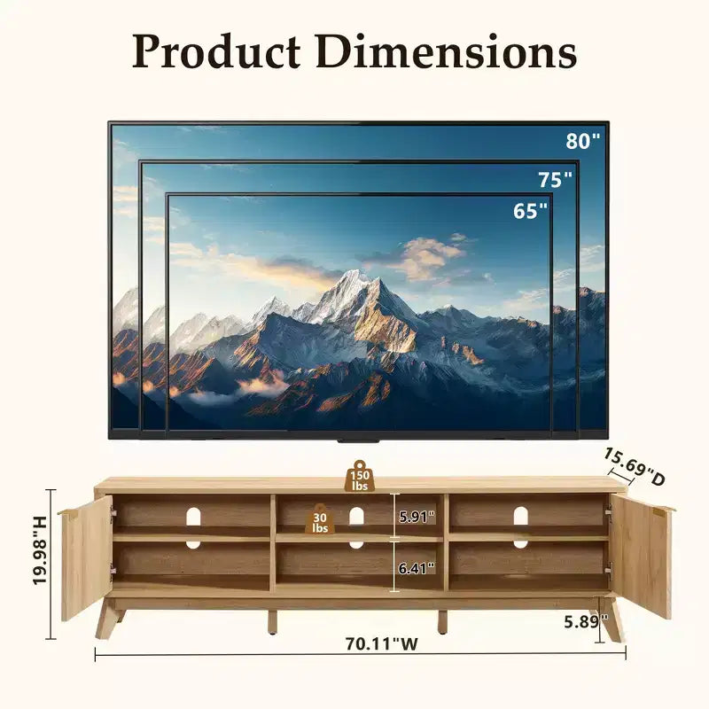 70" TV Stand Entertainment Center for TVs Up to 80", Wood Media Console with Open Storage & Side Cabinets