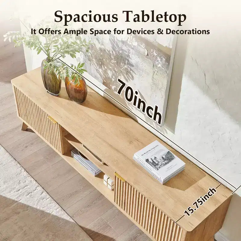 70" TV Stand Entertainment Center for TVs Up to 80", Wood Media Console with Open Storage & Side Cabinets