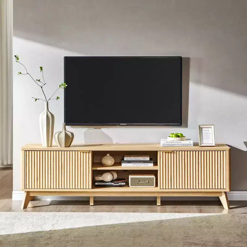70" TV Stand Entertainment Center for TVs Up to 80", Wood Media Console with Open Storage & Side Cabinets