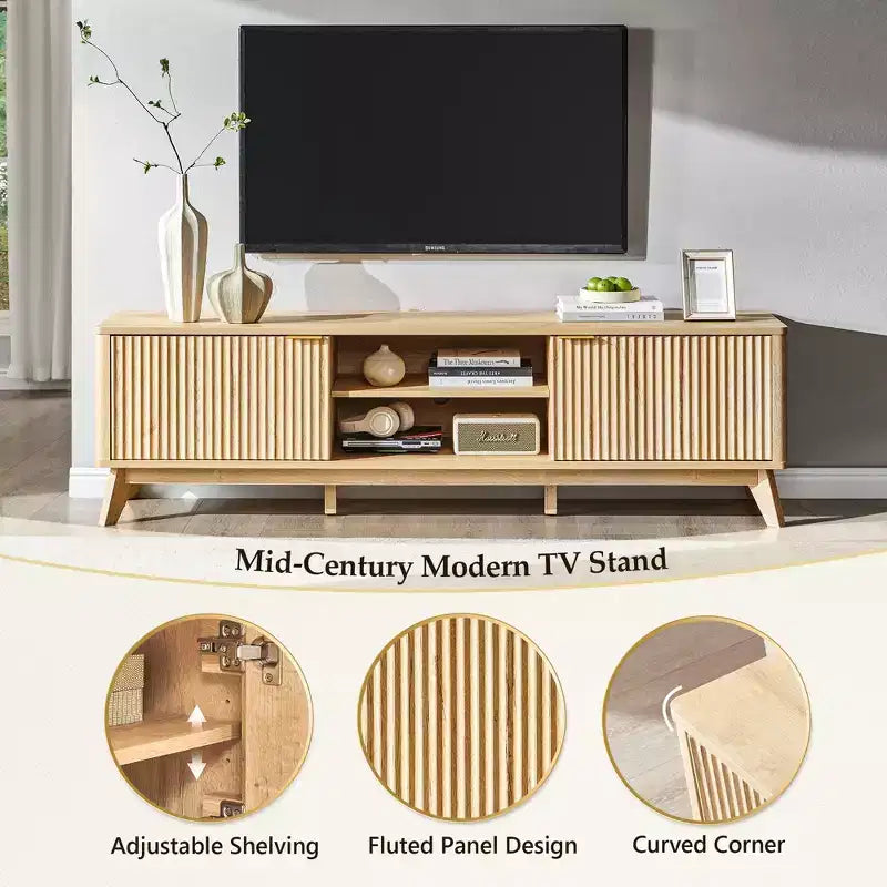 70" TV Stand Entertainment Center for TVs Up to 80", Wood Media Console with Open Storage & Side Cabinets