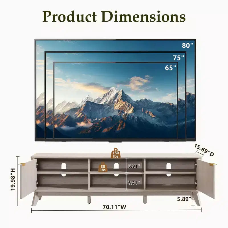 70" TV Stand Entertainment Center for TVs Up to 80", Wood Media Console with Open Storage & Side Cabinets